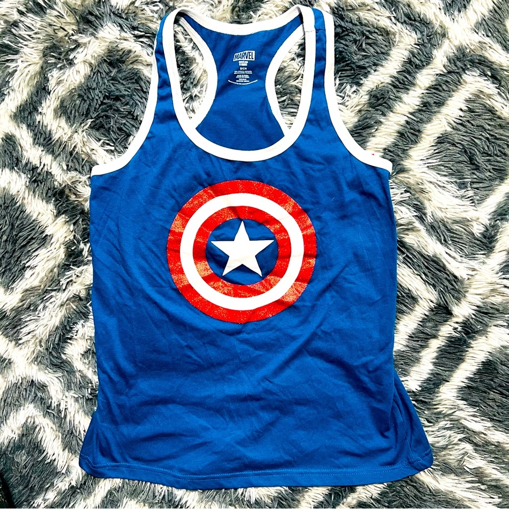 Marvel Womans Tank Top Blue Captain America Racerback Glitter Size Small NWT